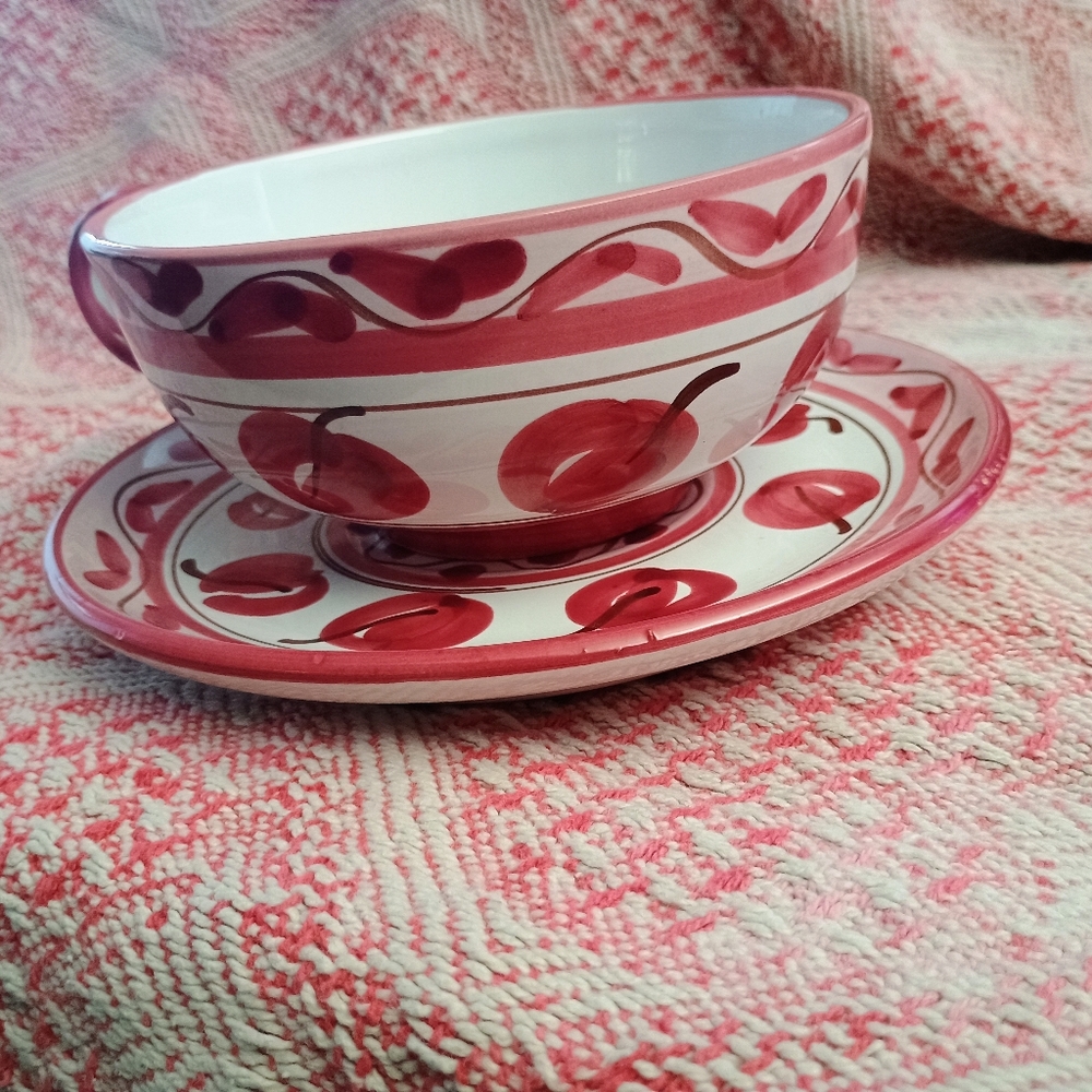 handpainted Red Cherry Majolica Italian Tea Cup & Saucer Demitasse